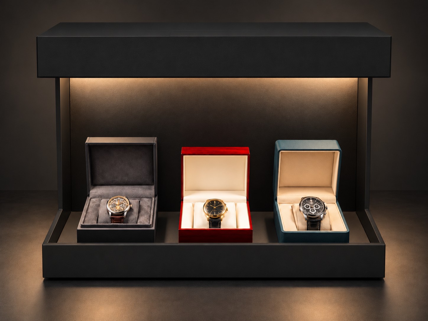Model D display lighting unit, a black architectural frame with warm light washing down over three watches in presentation boxes.